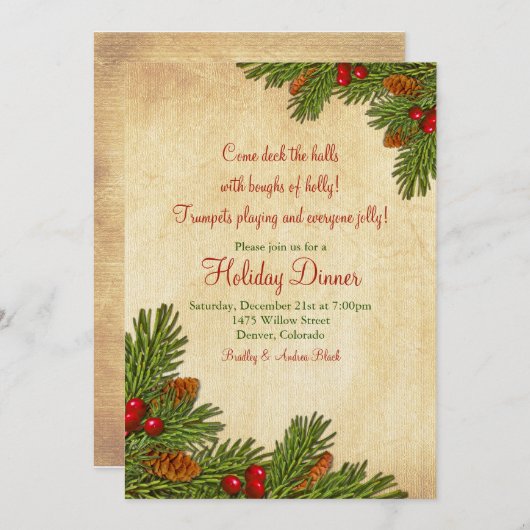 Pine Boughs Holiday Dinner Party Einladung (Vorne/Hinten)