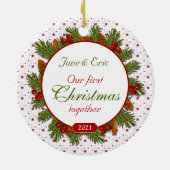 Pine Boughs Holly 1. Weihnachtsfeier Zusammen Foto Keramikornament (Hinten)