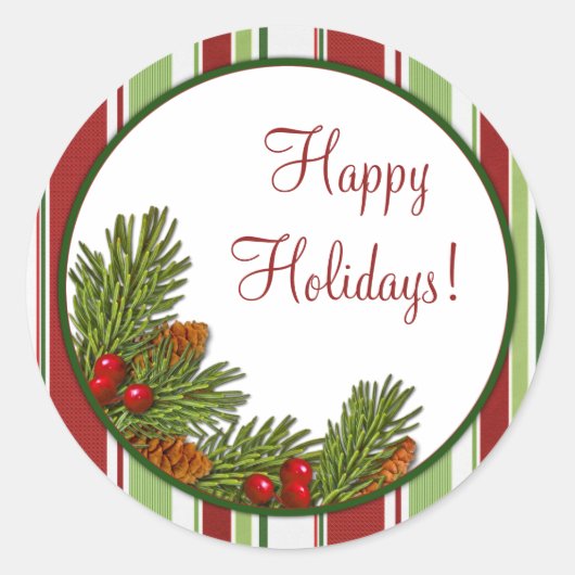 Pine Boughs Holly Stripes Weihnachtskleber Runder Aufkleber (Vorderseite)