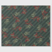 Pine Branch Red Ilex Berries Forest Green Strip Geschenkpapier (Flach)