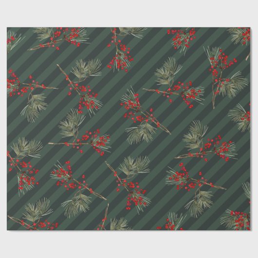 Pine Branch Red Ilex Berries Forest Green Strip Geschenkpapier (Flach)