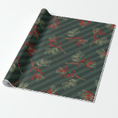 Pine Branch Red Ilex Berries Forest Green Strip Geschenkpapier (Ungerollt)
