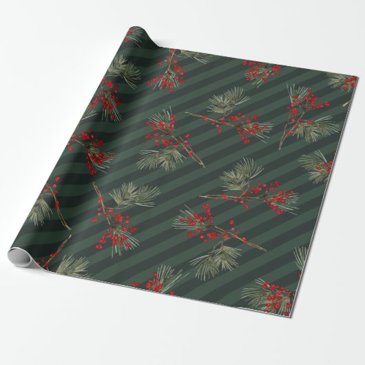 Pine Branch Red Ilex Berries Forest Green Strip Geschenkpapier (Ungerollt)