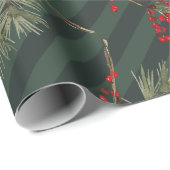 Pine Branch Red Ilex Berries Forest Green Strip Geschenkpapier (Rolleneckpunkt)