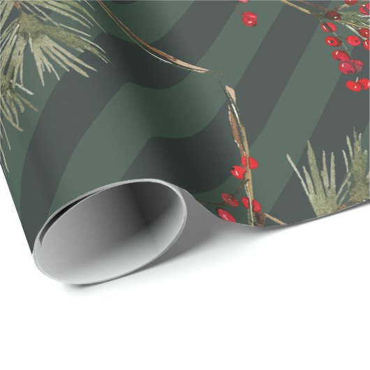 Pine Branch Red Ilex Berries Forest Green Strip Geschenkpapier (Rolleneckpunkt)