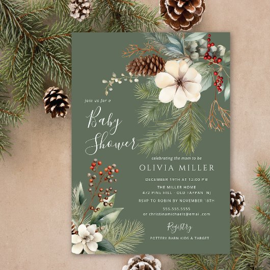 Pine Branch Winter Botanical Baby Dusche Einladung