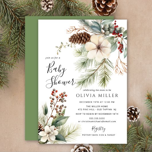 Pine Branch Winter Botanical Baby Dusche Einladung