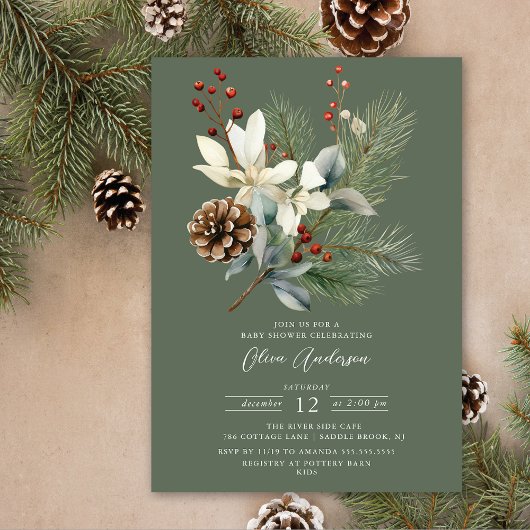 Pine Branch Winter Botanical Baby Dusche Einladung