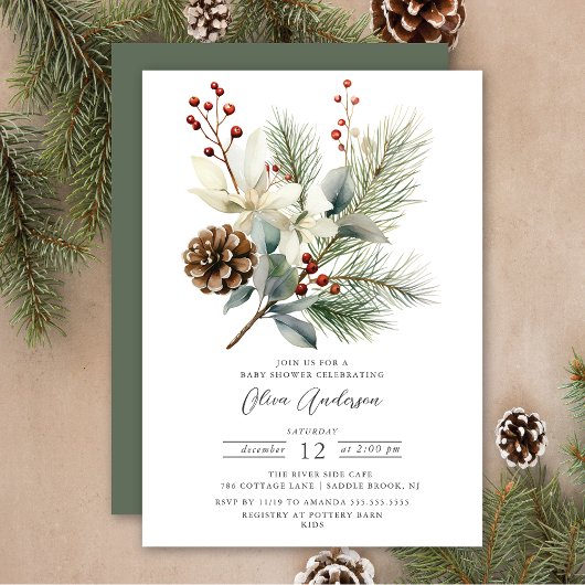 Pine Branch Winter Botanical Baby Dusche Einladung