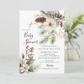 Pine Branch Winter Botanical Baby Shower  Einladung (Stehend Vorderseite)