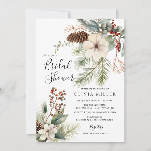 Pine Branch Winter Botanical Bridal Shower Einladung (Vorderseite)