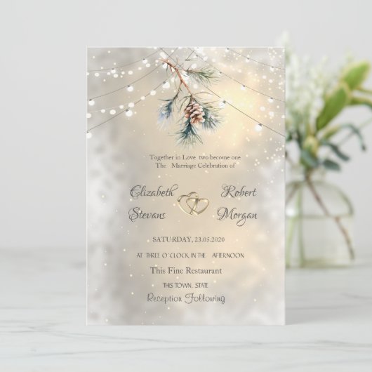 Pine Cone Branch String Lights Hochzeit Einladung (Stehend Vorderseite)