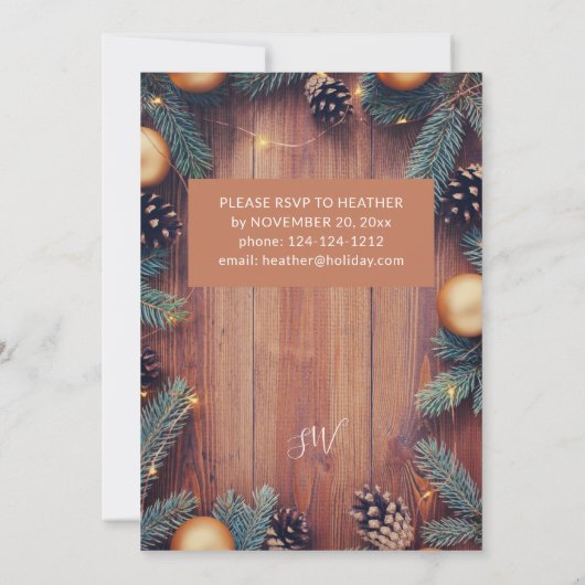 Pine Cone & Gold Ornament Rustikales Weihnachtsfes Einladung (Rückseite)
