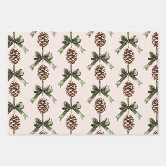 Pine Cone Green Bow Christmas Cream Snowflakes Geschenkpapier Set (Vorderseite 3)