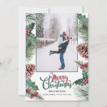 Pine Cone Holly Branch Foto Frohe Weihnachten