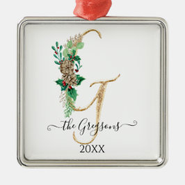 Pine Cone Holly Gold Glitzer Monogram G Ornament Aus Metall