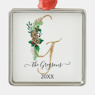 Pine Cone Holly Gold Glitzer Monogram G Ornament Aus Metall