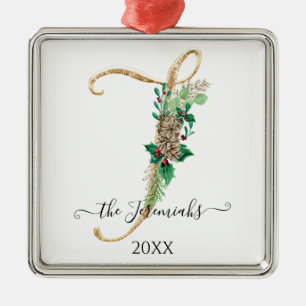 Pine Cone Monogram J Gold Glitter Holly Christmas Ornament Aus Metall