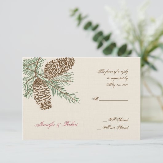 Pine Cone Nature on Cream Wedding Response Card RSVP Karte (Stehend Vorderseite)