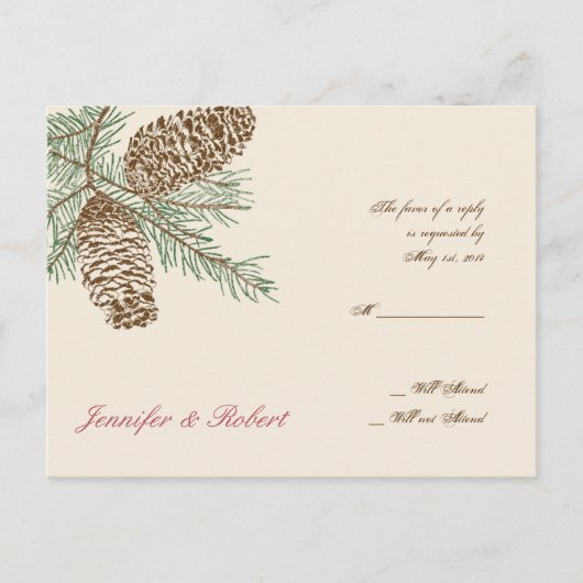 Pine Cone Nature on Cream Wedding RSVP Postcard Einladungspostkarte (Vorderseite)