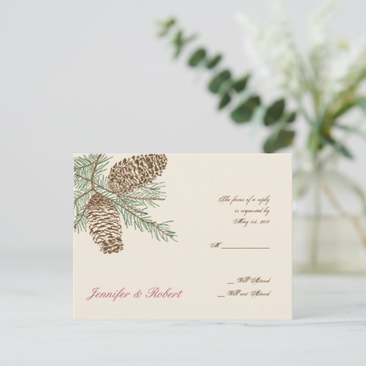 Pine Cone Nature on Cream Wedding RSVP Postcard Einladungspostkarte (Stehend Vorderseite)