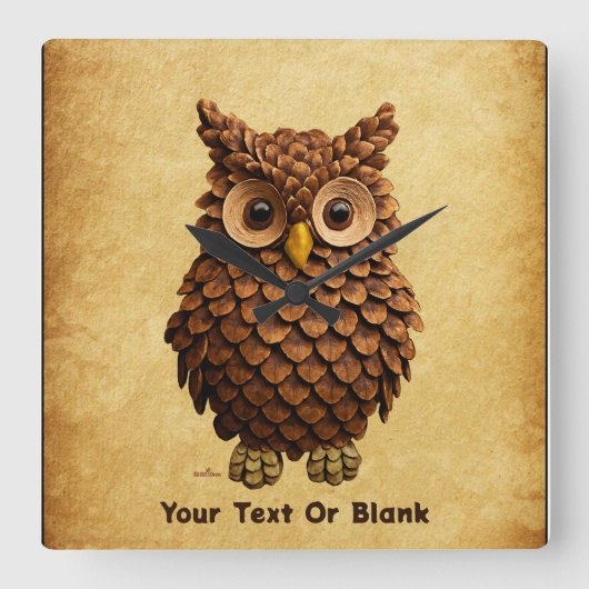 Pine Cone Owl Quadratische Wanduhr (Vorderseite)