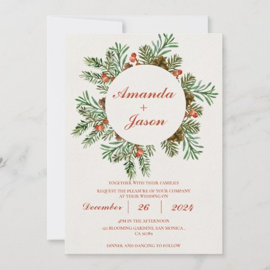 Pine Cone Red Berries Weihnachtsfeier Einladung (Vorderseite)