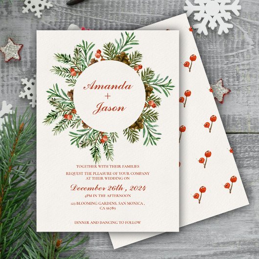 Pine Cone Red Berries Weihnachtsfeier Einladung