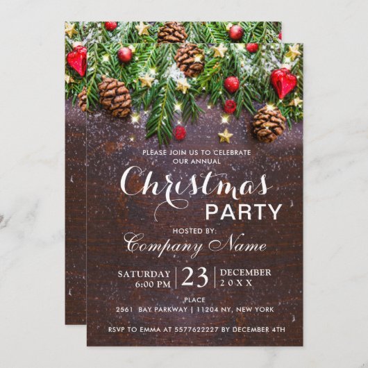 Pine Cone Rustic Corporate Company Weihnachts-Part Einladung (Vorne/Hinten)