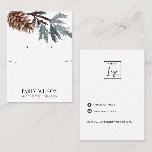 PINE CONE TREE BRANCH NECKLACE EARRING DISPLAY VISITENKARTE (Vorne/Hinten)