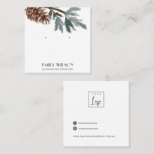 PINE CONE TREE BRANCH WALD STUD EARRING DISPLAY QUADRATISCHE VISITENKARTE (Vorne/Hinten)