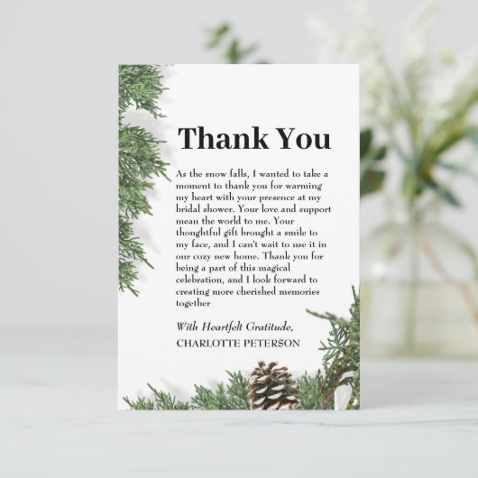 Pine Cone Winter Brautparty Dankeskarte (Stehend Vorderseite)
