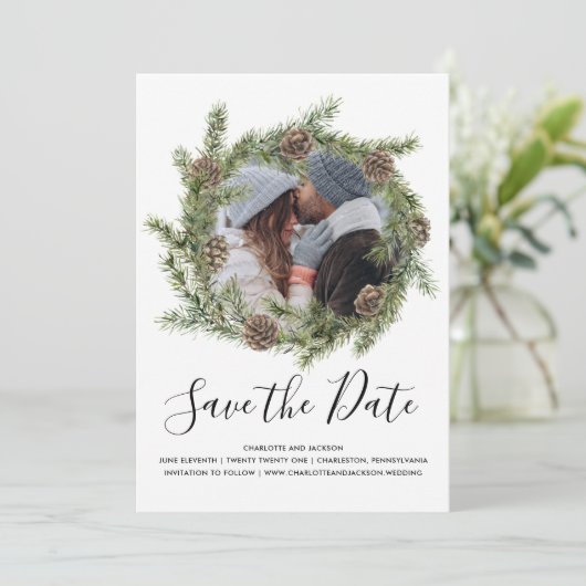 Pine Cone Wreath | Foto Save the Date (Stehend Vorderseite)