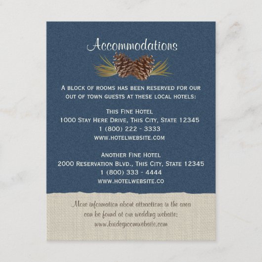 Pine Cones and Burlap Info Card Navy Blue Begleitkarte (Vorderseite)
