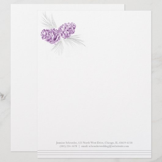 Pine cones art lila graue Hochzeitsschrift Briefbogen (Vorne/Hinten)