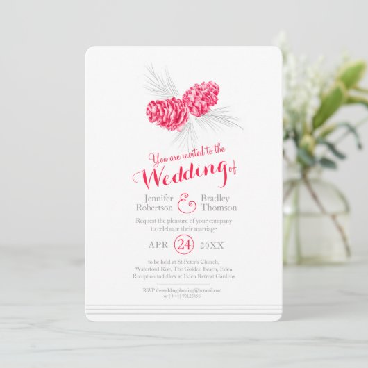 Pine cones Art zeichnend Rot-Graue Hochzeit Einladung (Stehend Vorderseite)