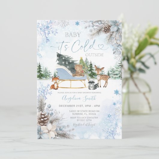 Pine cones Blue Snowflake Truck Baby Shower Einladung (Stehend Vorderseite)