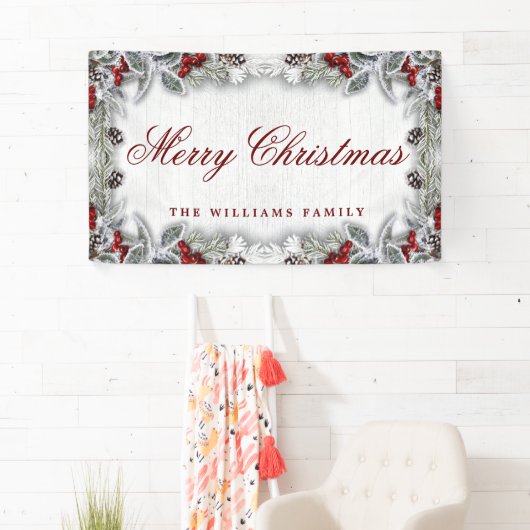 Pine Cones Branch Rustic Wood Frohe Weihnachten Banner (Insitu)
