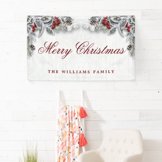 Pine Cones Branch Rustic Wood Frohe Weihnachten Banner (Insitu)