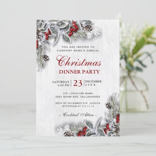 Pine Cones Branch Rustikales Weihnachtsessen Party Einladung (Stehend Vorderseite)