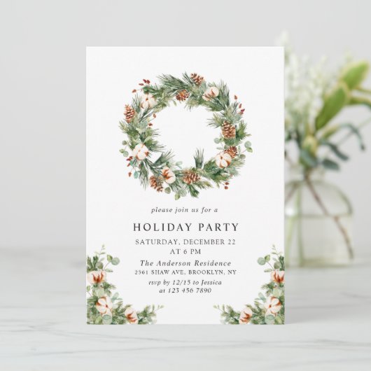 Pine Cones Fir Wreath Holiday Weihnachts-Party Einladung (Stehend Vorderseite)