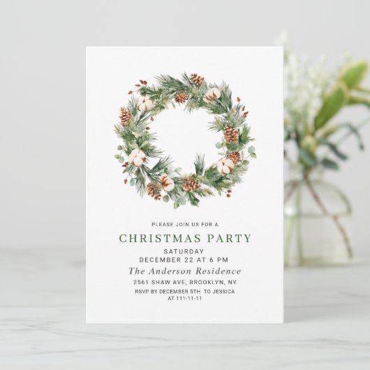 Pine Cones Fir Wreath Holiday Weihnachts-Party Einladung (Stehend Vorderseite)