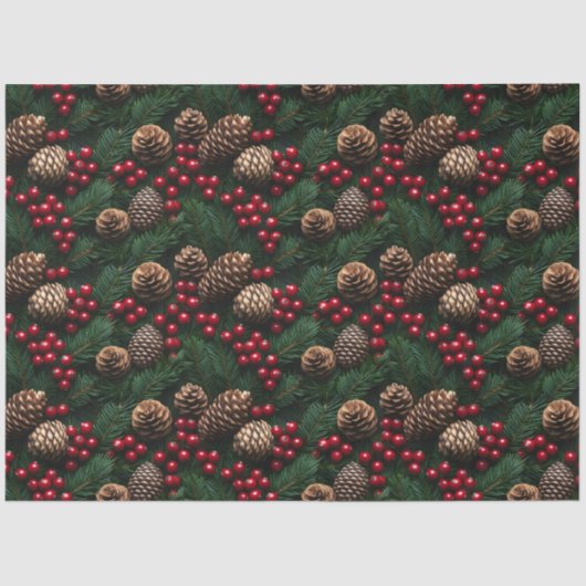 Pine Cones Holly Berries Spruce Sprig Muster Seidenpapier (Vorderseite)