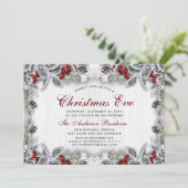 Pine Cones Holly Berry Branch Rustikaler Weihnacht Einladung (Stehend Vorderseite)