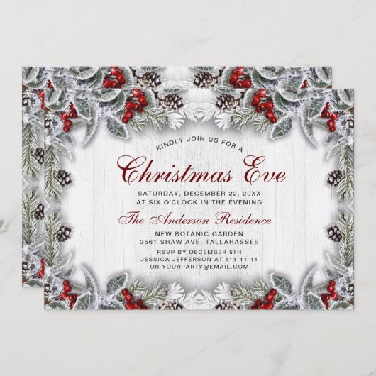 Pine Cones Holly Berry Branch Rustikaler Weihnacht Einladung (Vorne/Hinten)