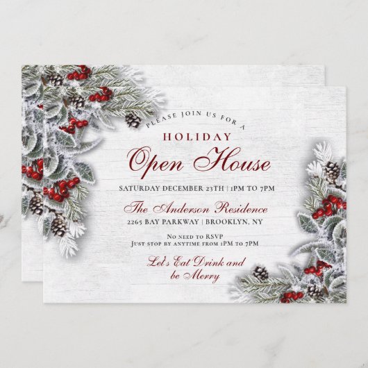 Pine Cones Holly Branch Rustic Holiday Open House Einladung (Vorne/Hinten)