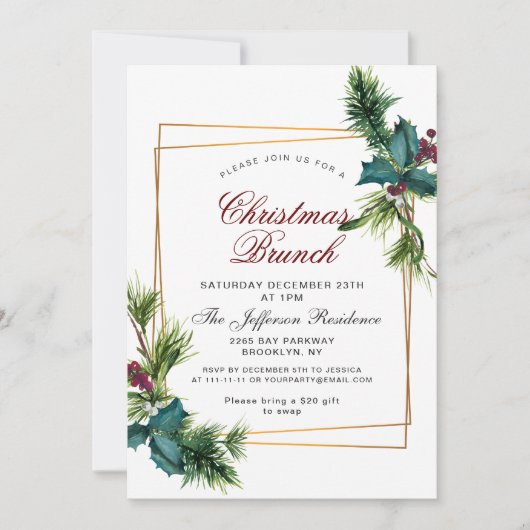 Pine Cones Holly Frame Weihnachtsfeiertag BRUNCH Einladung (Vorderseite)
