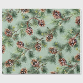 Pine Cones Laden White Pine Garlands Sage Green Geschenkpapier (Flach)