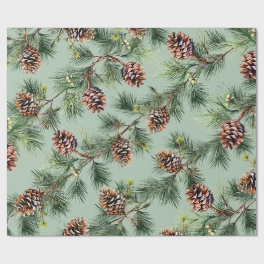 Pine Cones Laden White Pine Garlands Sage Green Geschenkpapier (Flach)