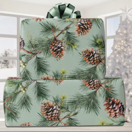 Pine Cones Laden White Pine Garlands Sage Green Geschenkpapier